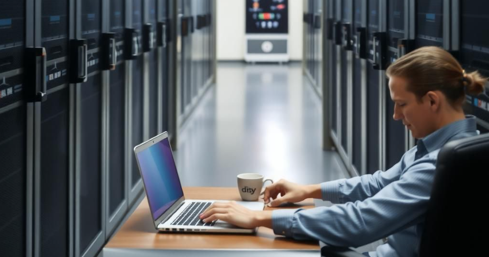 Background image of a server room with a person working on a laptop